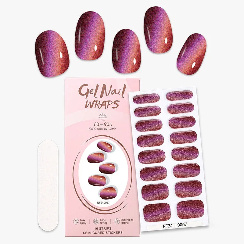 16Tips Gold Lines Semi-Cured Gel Nail Sticker Glitter Sequin Long-Lasting Nail Polish Strips Full Cover Gel Nail Art Stickers