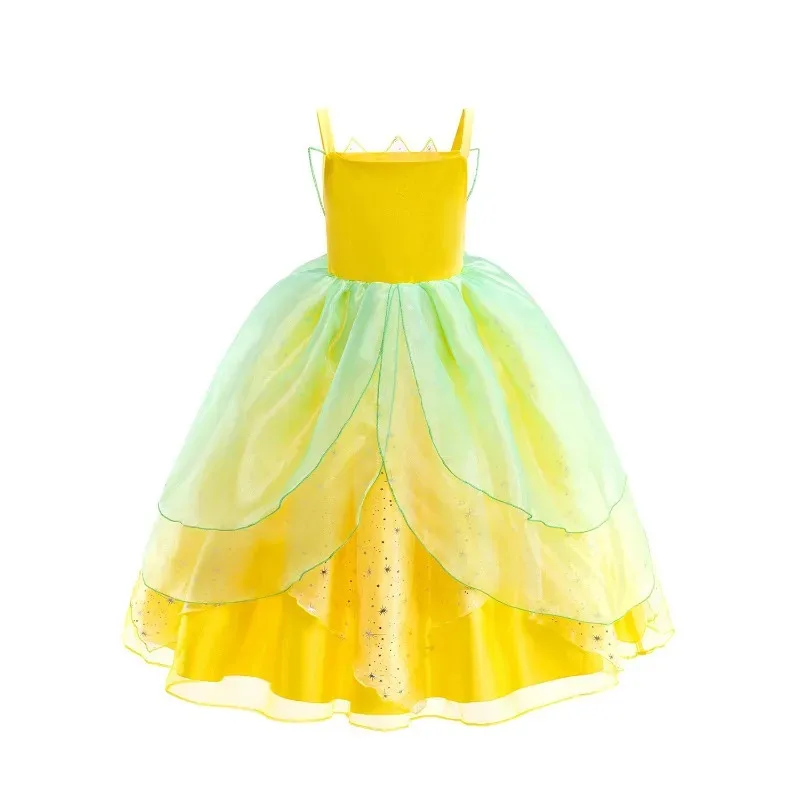 Halloween Ragazze Fiaba Tiana Costume Cosplay Principessa Elfo Verde Vestito da Partito Carnevale Abito da Ballo Principessa e Rana Abiti