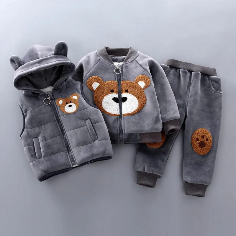 2024 Baby Padded Three-Piece Girls Bear Cartoon Hooded Sets Autumn Winter Boys Warm Zip Solid Colour Casual Suit 12M-4 Years Old