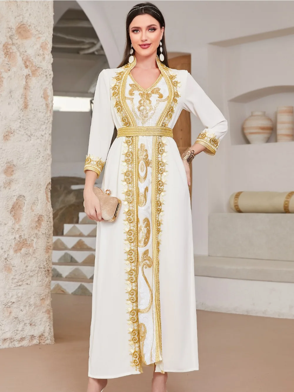 Autumn Muslim Dress Women Abaya 2 Piece Set Jalabiya Embroidery Sequins Robe Ramadan Long Dresses Lace-up Kimono Vestidos 2023