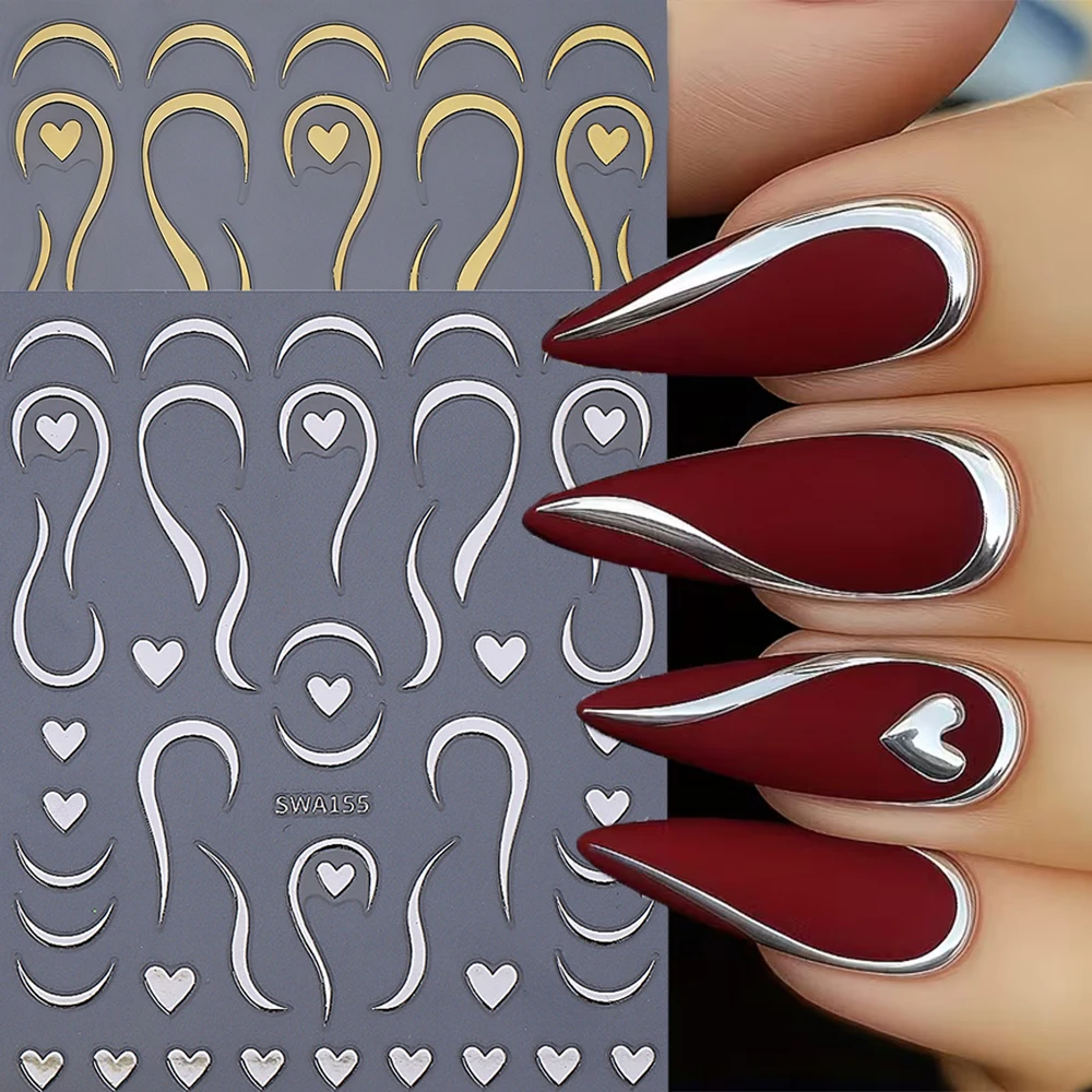 3D الذهب والفضة الحب القلب الفرنسية الأظافر ملصقات أنيقة بسيطة منحنى خط عيد الحب مسمار الشارات DIY مانيكير الزينة #1
