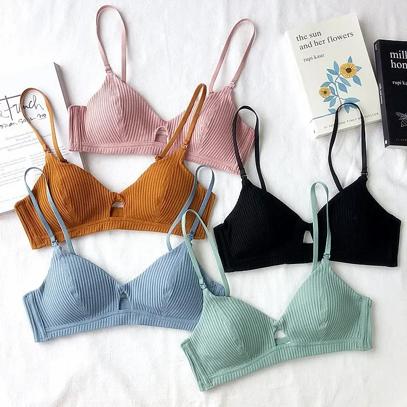 French Thread Cotton Small Triangle Cup Bras with Pad Women Sexy Sleepwear Bralette Thin Wire Free Comfort Brassiere for Girls