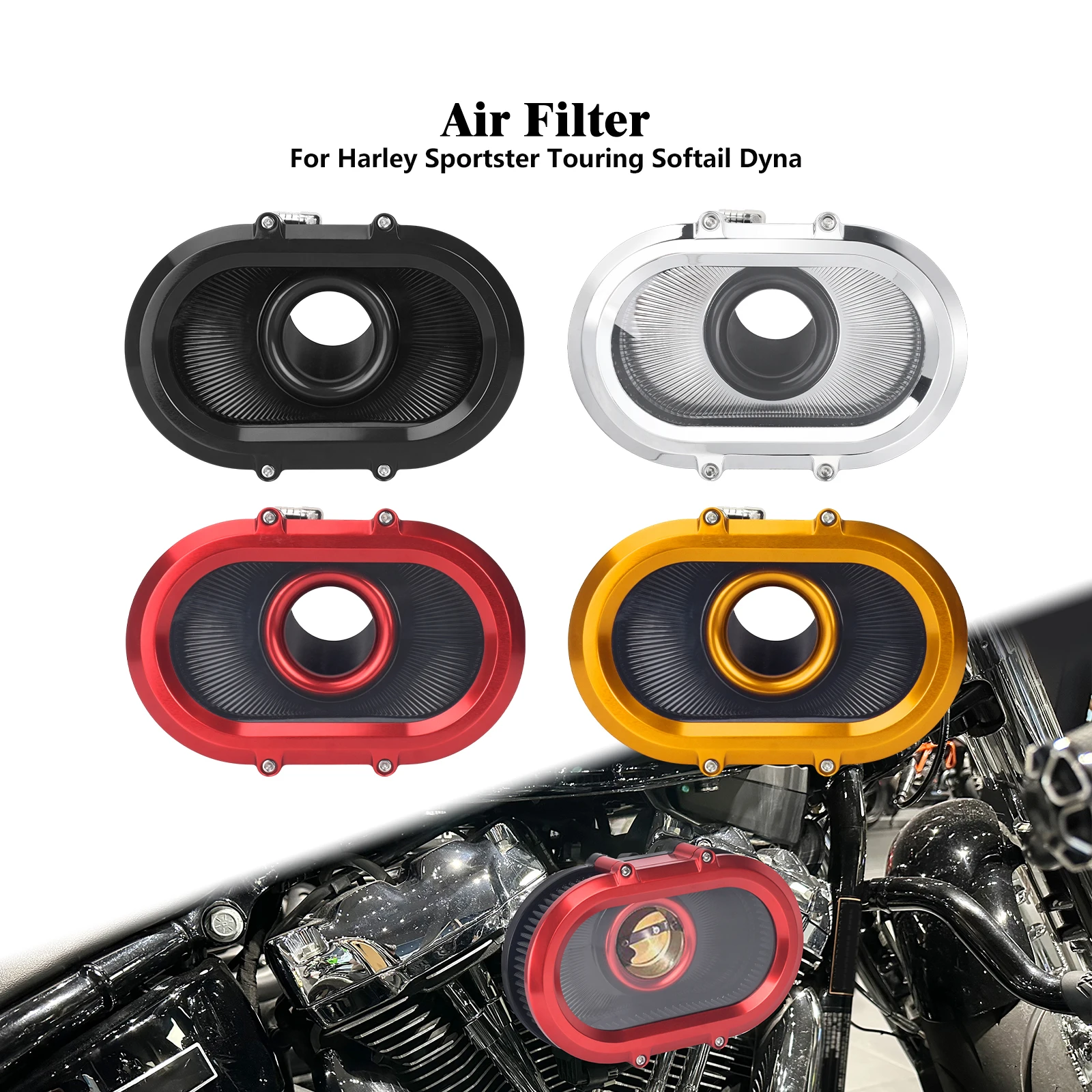 Motorcycle Air Filter Air Intake Cleaner With Rings Replacement For Harley Sportster 04-22 Dyna 00-17 Touring Softail 2000-2026