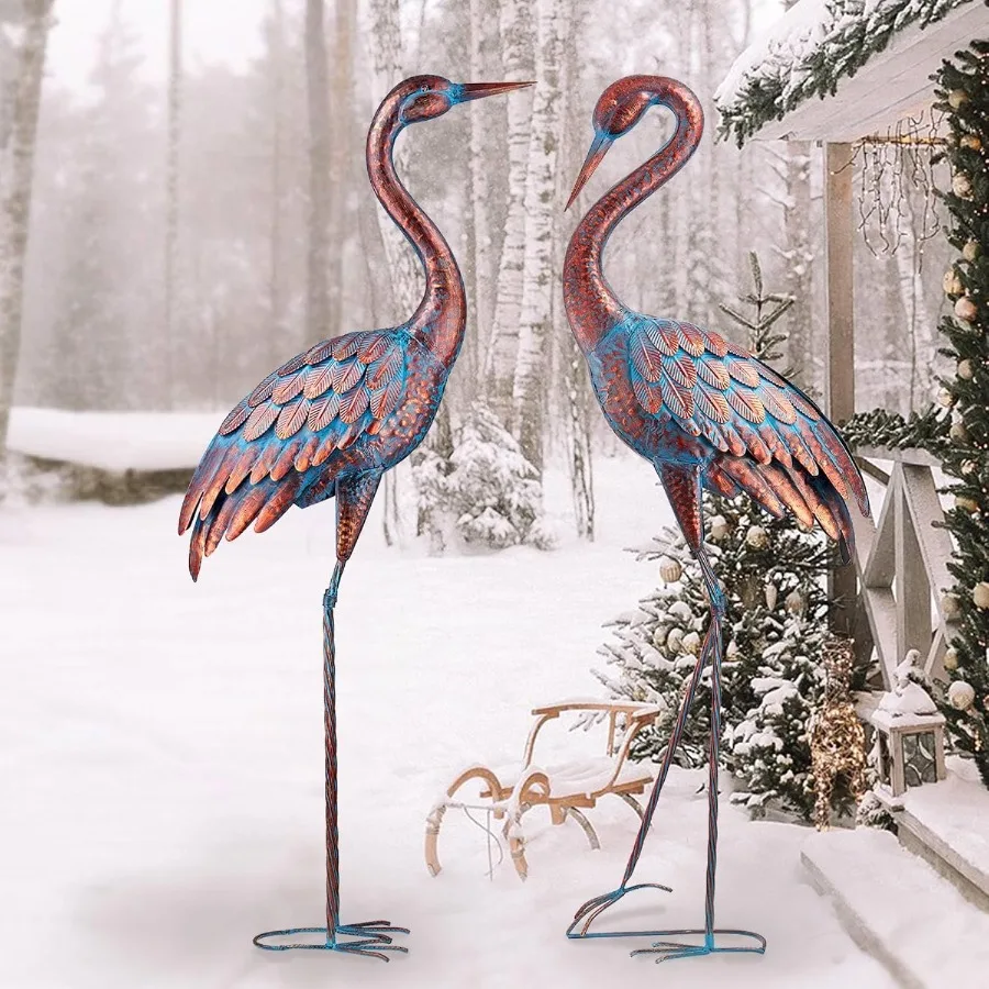 

Garden Crane Statues Patina Heron Decoy Standing Metal Crane Sculptures Bird Yard Art for Outdoor Decor 47-48 Inch Set of 2