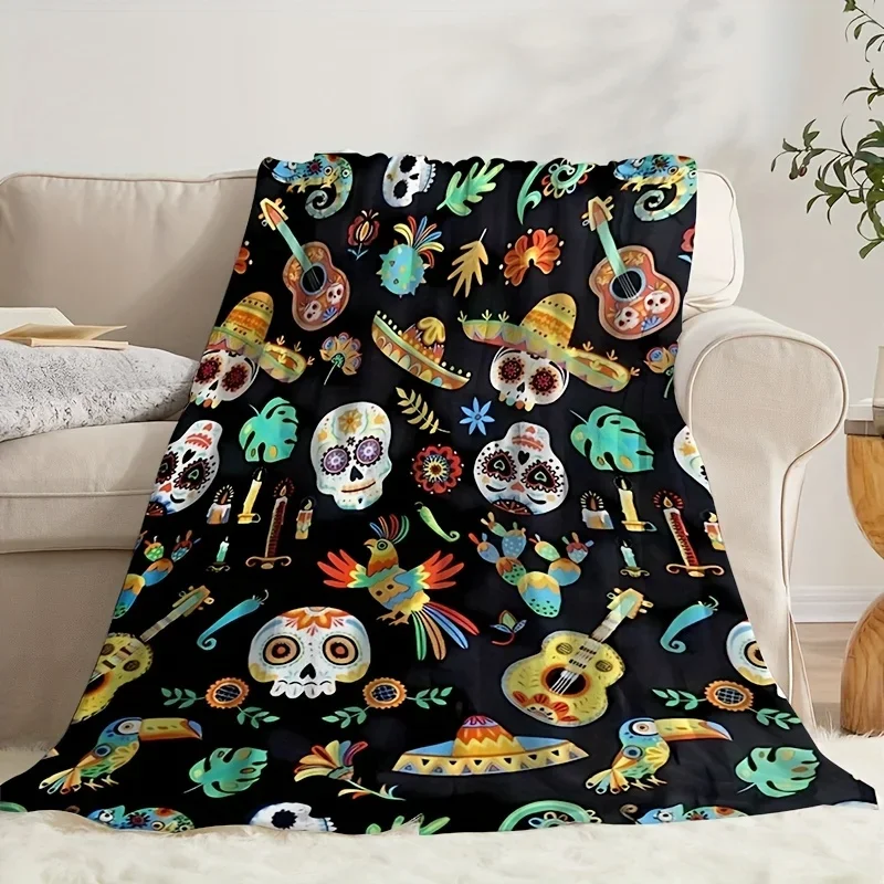 Vibrant Day of the Dead Sugar Skull Fiesta Throw Blanket Bohemian Macrame Boho Chic Home Decor Gift