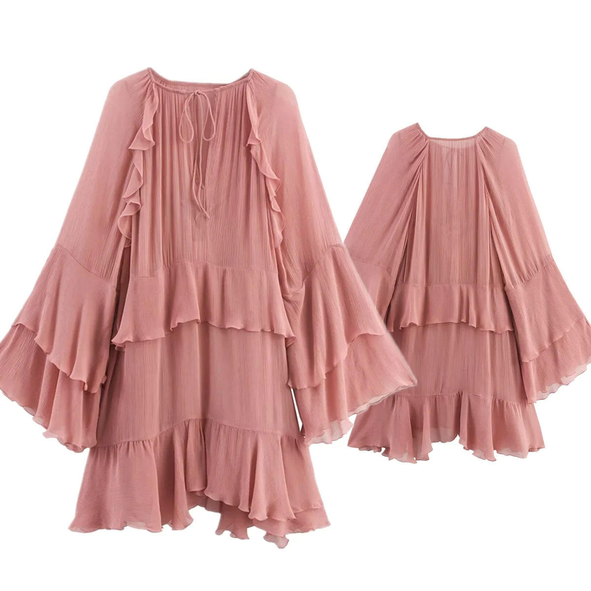 

Maxdutti French Elegant Pink Layered Autumn Dress Women Minimalist Fashion Flare Sleeve Evening Dresses Party Dresses Vestidos