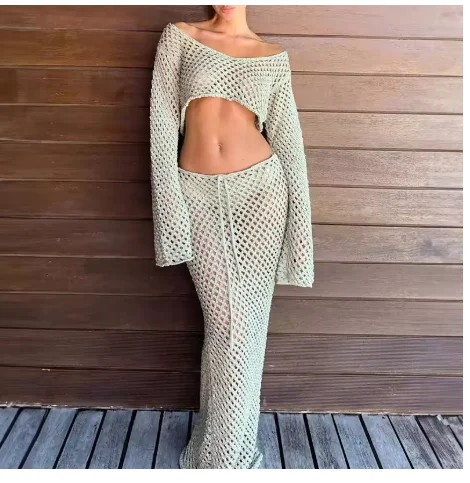 Women Crochet Set Summer Semi-Sheer Open Knit Crop Top and Skirt Set Beach Wear Resort Vacation Outfit