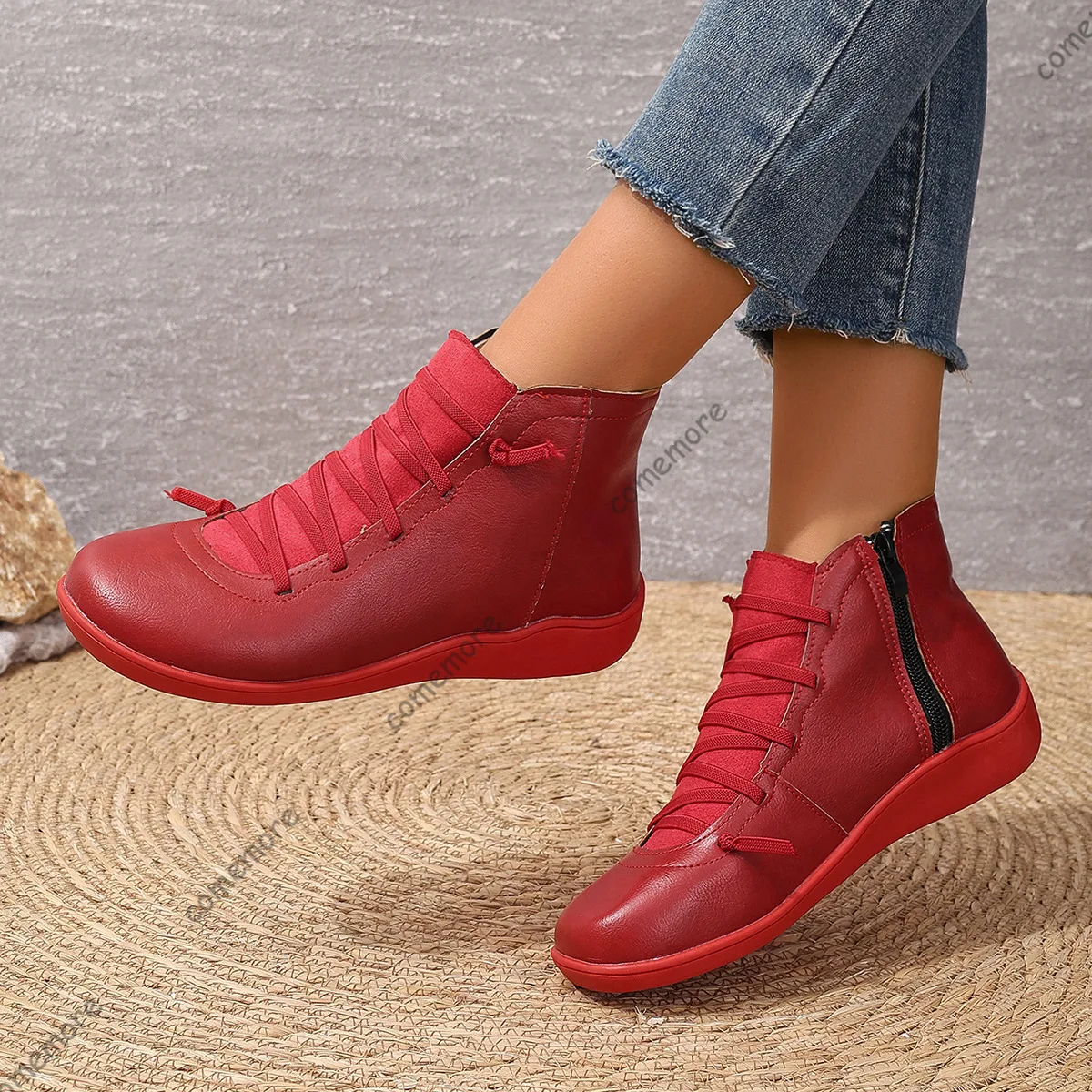 Comemore Women Boots Autumn Flat Short Vintage Comfortable Ankle Boots Women Comfortable Roman Shoes for Women Botas De Mujer