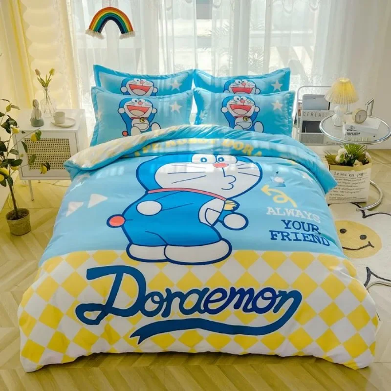 Doraemon Anime Jingle Cat dibujos animados juego de cuatro piezas cómoda funda de edredón sábanas dormitorio infantil ropa de cama Kawaii