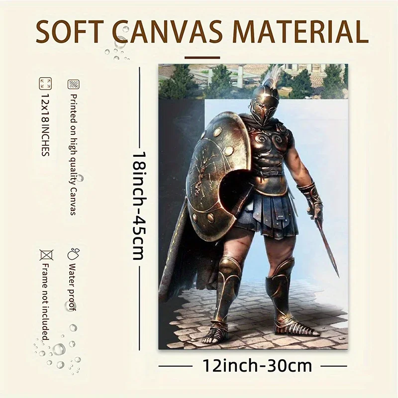 Roman Soldier Wall Art Poster 12x18 – Greek Warrior Shield & Spear Battle Canvas, Frameless Ancient History Decor for Man Cave