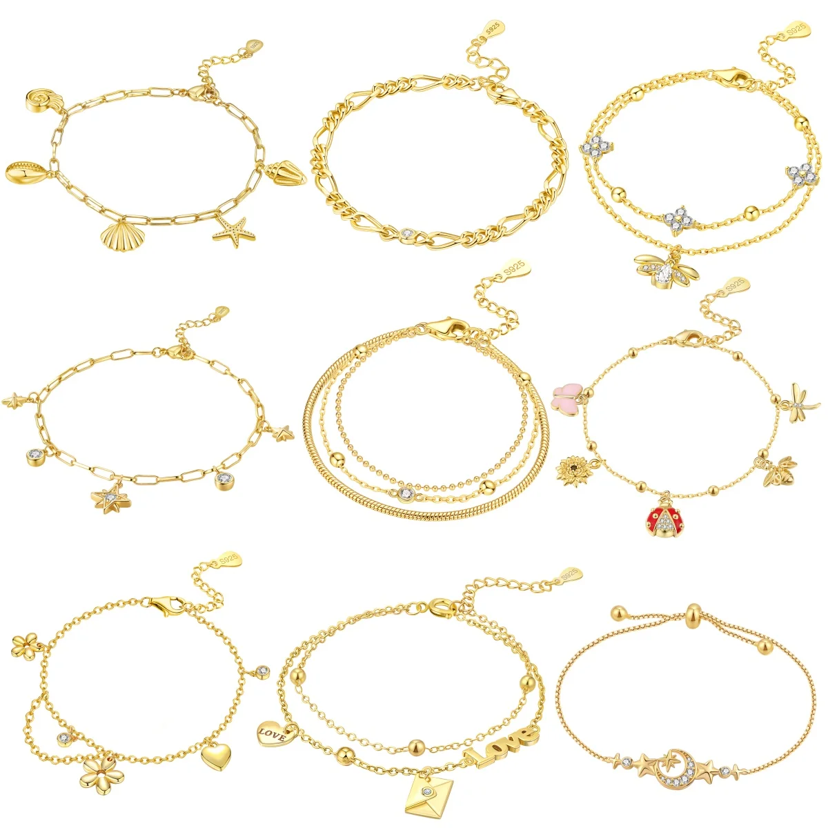 

Браслет-цепочка MISEFF из стерлингового серебра S925 с позолотой 18K, регулируемый, оригинальный, универсальный, с подвесками-звездами, ювелирное украшение, подарок