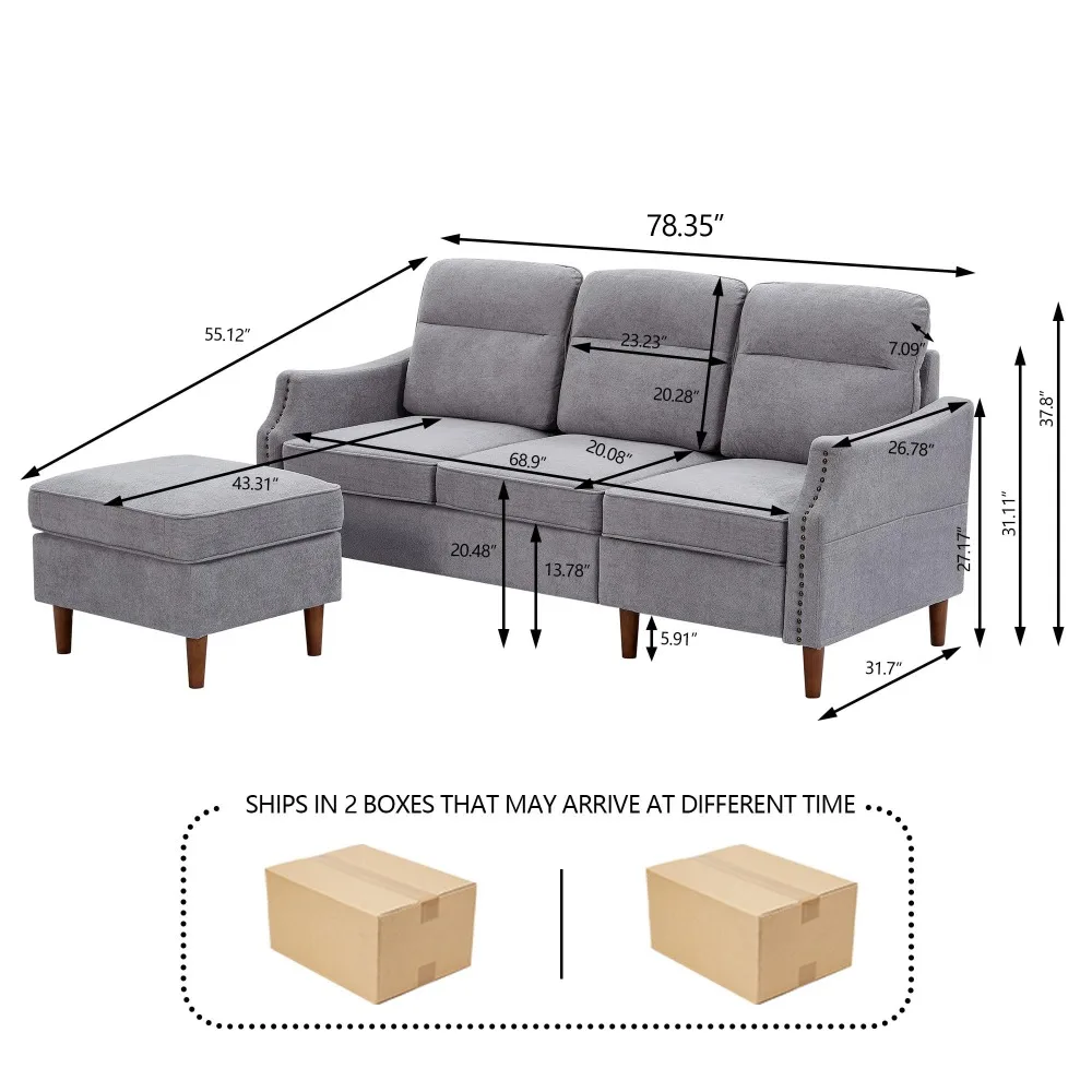 Sectional Sofa with Ottoman Nail-Head Design Linen Right Facing Modern Couches with Cup Holder L Shaped Sectional Sofa