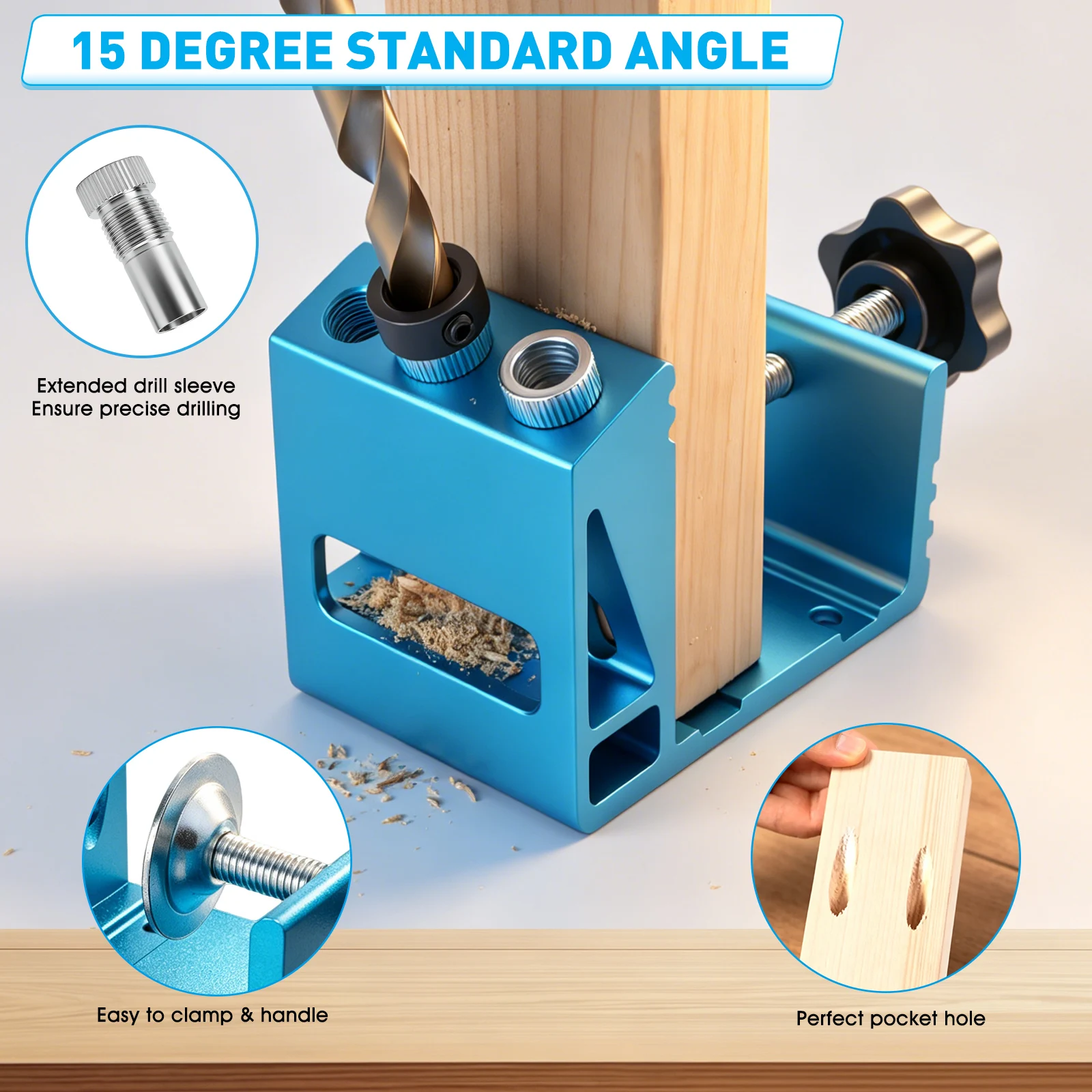 48PCS Pocket Hole Jig Kit 15 Degree Aluminum 3-Hole Drill Guide with Step Drill Bit Stop Ring Screws Plugs for Furniture DIY