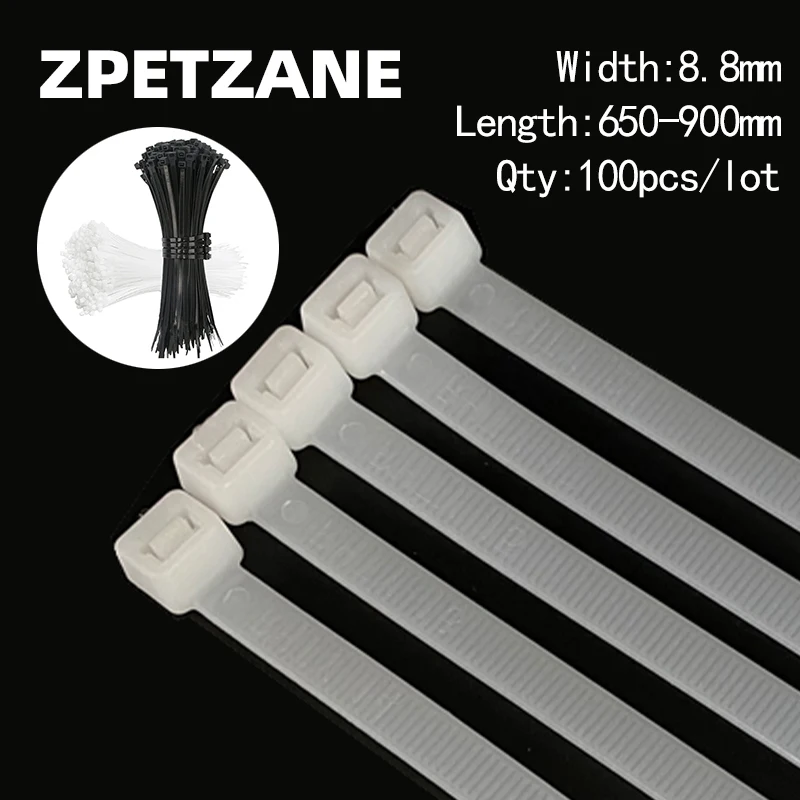 

100pcs Self-Locking Cable Tie 10*650 Black/White Plastic Nylon Wire 10x800mm Zip Fasten Ring Wraps Strap