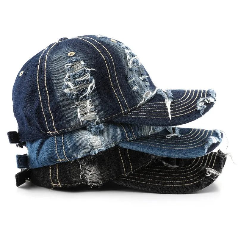 Vintage denim washed cotton Custom logo embroidery distressed cap Ripped hip hop snapback trucker sports hats Mens Baseball caps