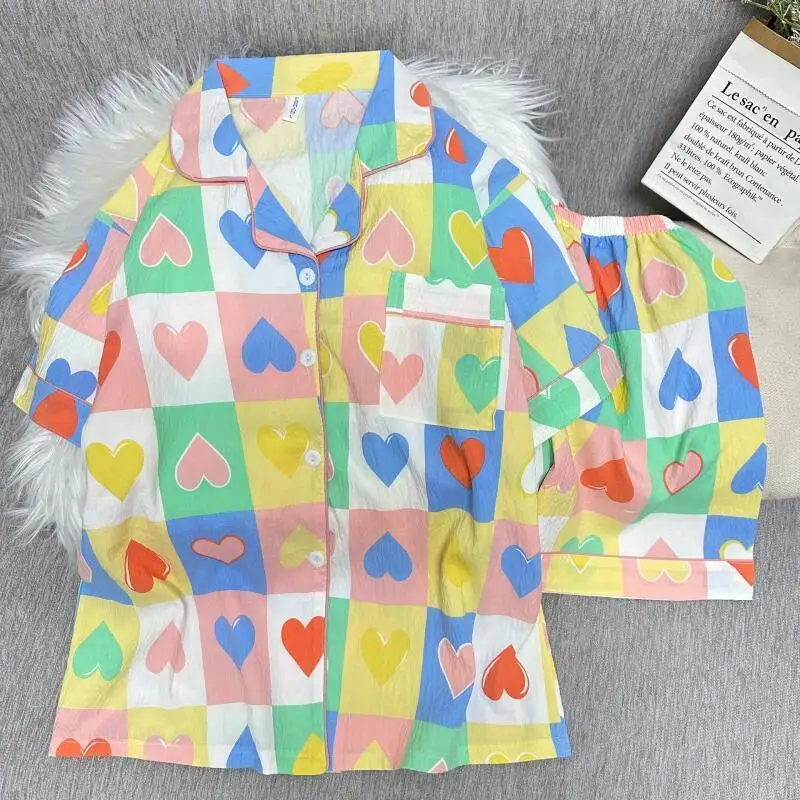 

Kawaii Korean Style Women's T-Shirt Pajamas Summer Short Sleeved Shorts Home Clothes Set Girls Comfort Soft Fashion Pajamas