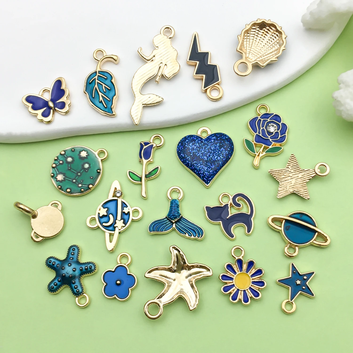 20pcs Dark Blue Enamel Charms Alloy Star, Flowers, Heart Pendants for DIY Bracelet Necklace Jewelry Making Accessories