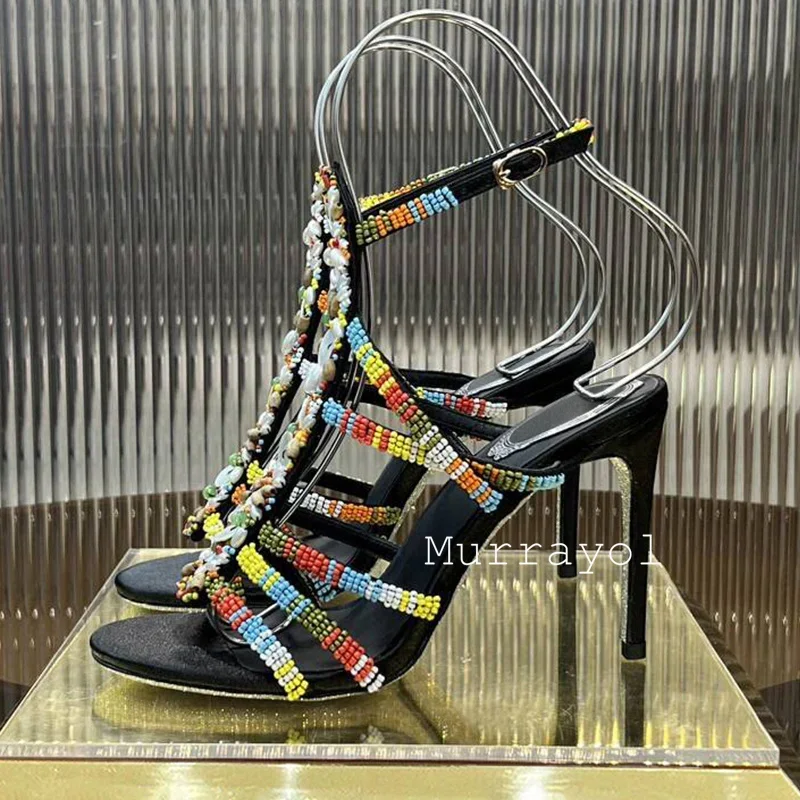 New Multicolour String Bead Thin High Heels Sandals Women's Narrow Band Design Sandalias Mujer Summer Party Dress Shoes Pumps