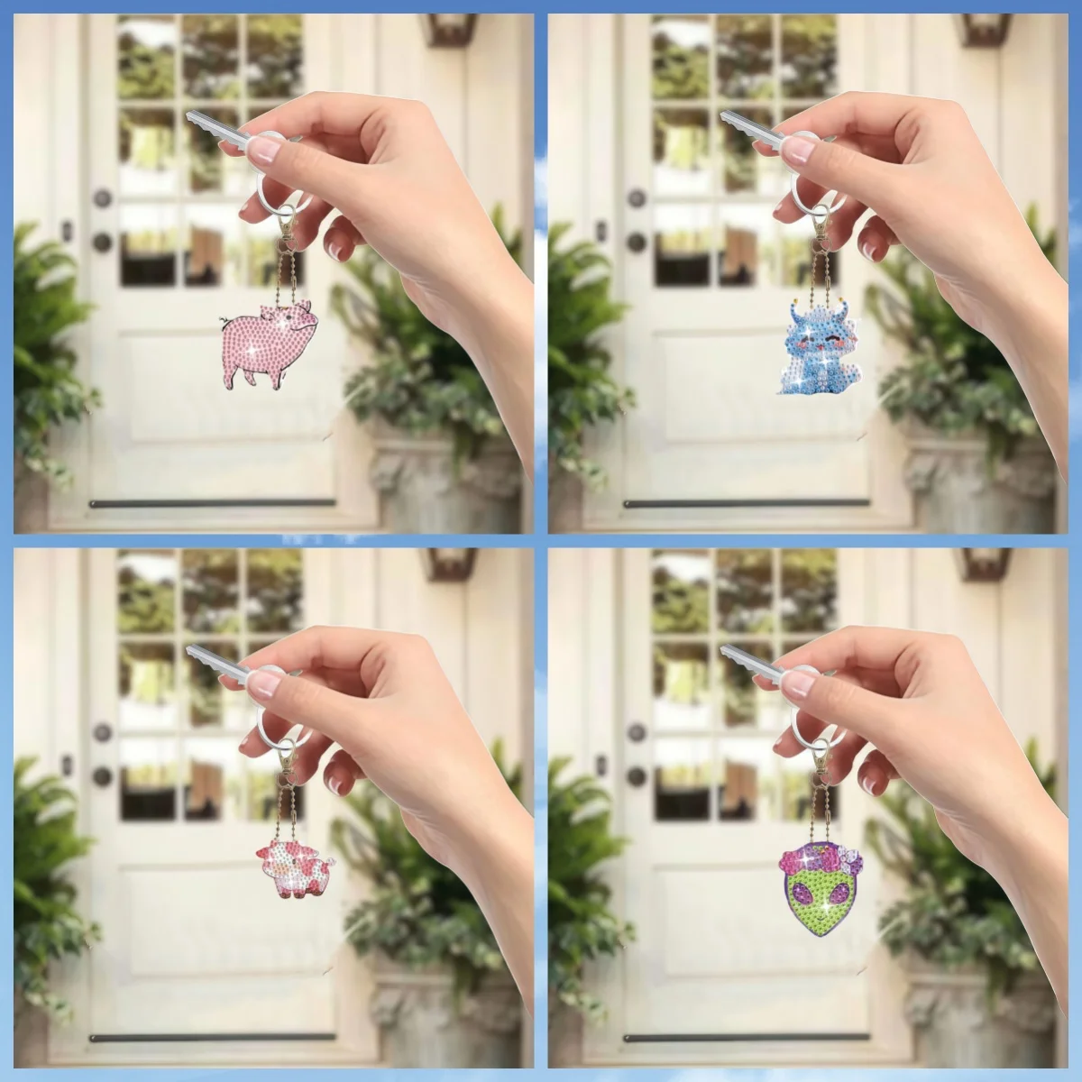 8 أطقم تزيين سلسلة مفاتيح مطلية بالألماس الكريستالي على الوجهين والخنزير والخنزير والتنين والعجل #3