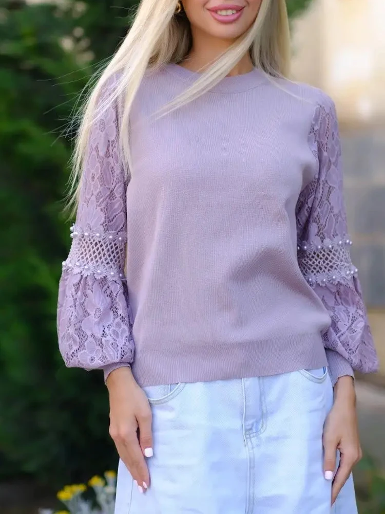 

Lady Autumn Winter Solid Color Spliced Sweater Casual O-neck Hollow Lace Knit Pullovers Fashion Simple Long Sleeve Commute Tops