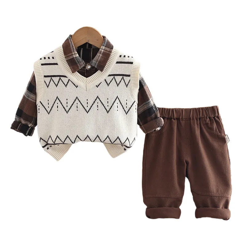 

Retro Boys Spring Outfit Set 2025 Korean Fashion Kids Wave Sleeveless Sweater Vest + Shirts + Pants 3PCS Baby Boy Infant Clothes