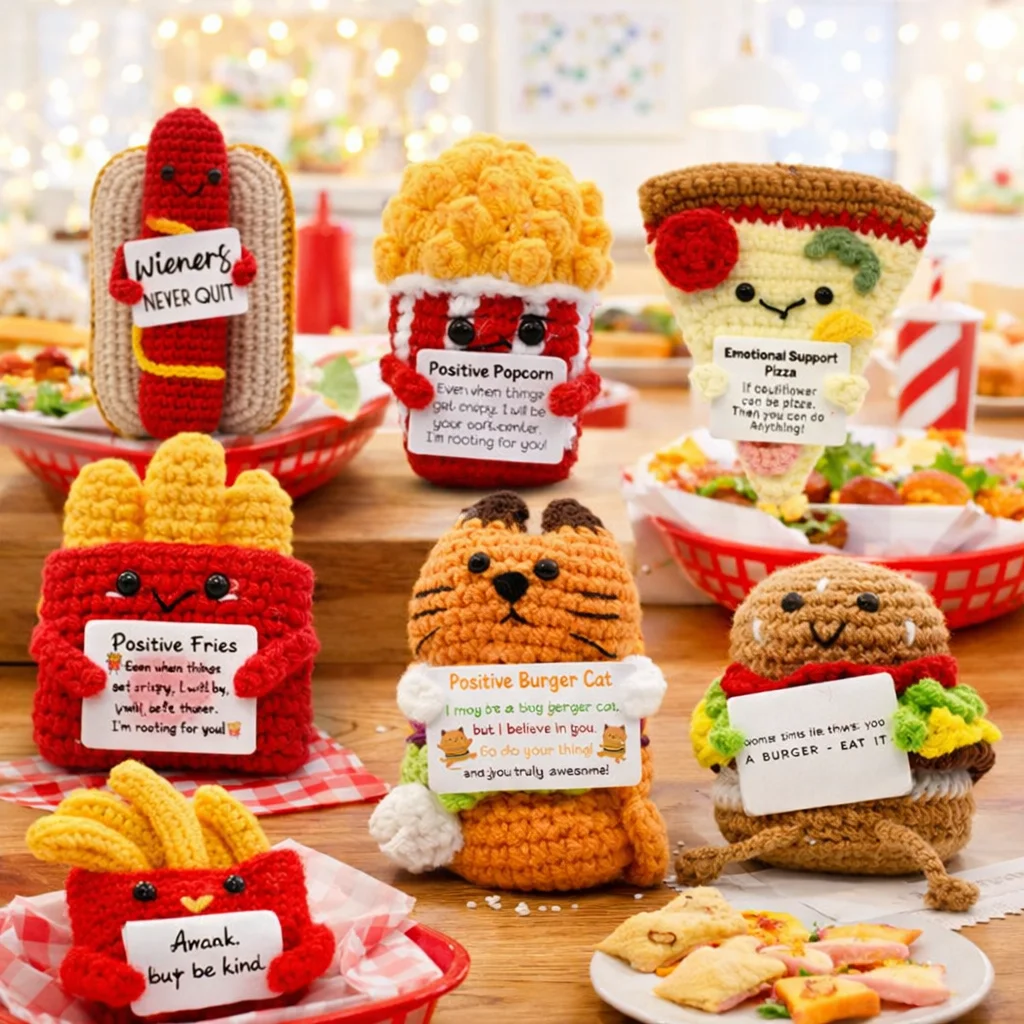 Food Series Positive Energy Crochet Doll, Handmade Knitted Pizza Hamburger Hot Dog Decor Ornament with Encouragement Card
