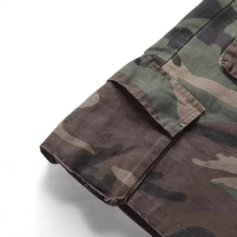 2025 New High Street Trend Drawstring Tie Waist Washed Vintage Casual Camouflage Multi Pocket Cargo Shorts