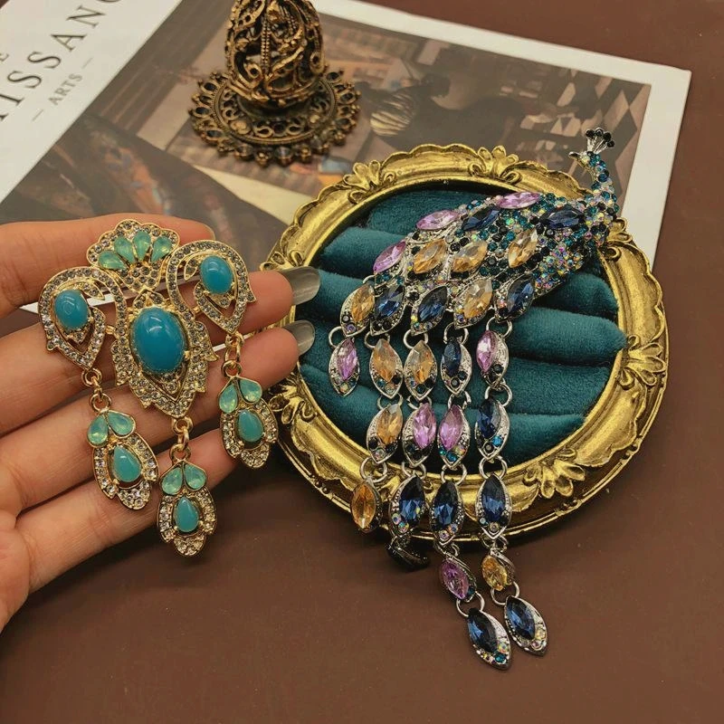 Peacock Phoenix Crown Tassel Brooch Colorful Blue Gemstone Rhinestone  Elegant Pin