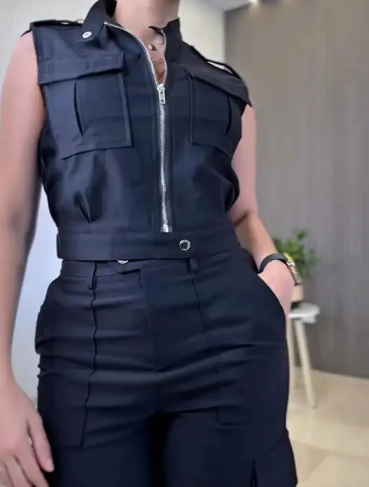 2025 Spring/Summer New Fashion Solid Color Two Piece Set 3D Work Bag Sleeveless Tank Top and High Waist Wide Leg Pants Set