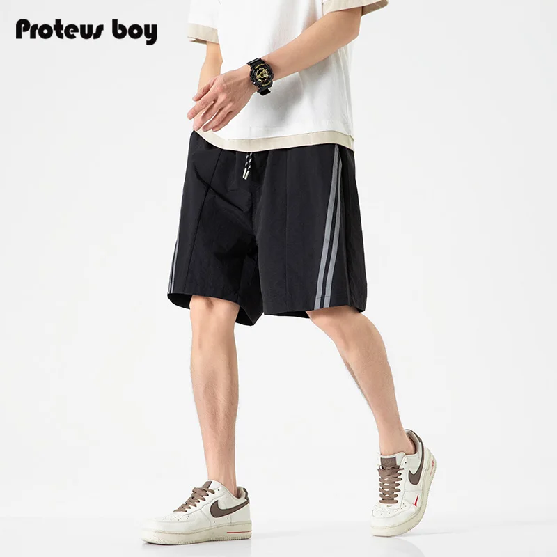 

ProteusBoy American Retro Stripes Ice Silk Cool Feeling Outdoor Sports Beach Casual orts Straight Leg ket Elastic Waist