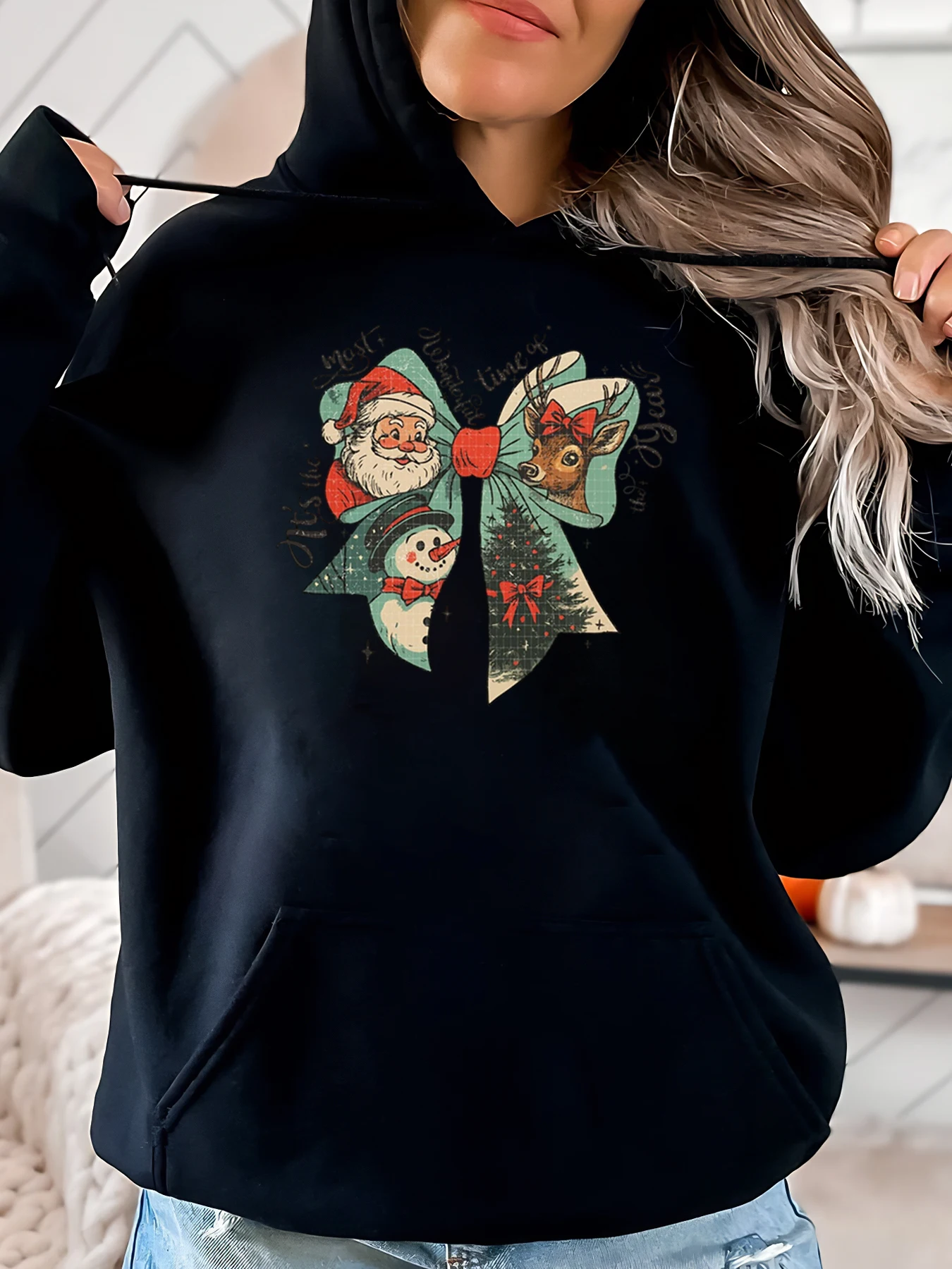 Kerstman Sneeuwpop Rendier Kerstprint Hoodie Dames Casual Winter Vakantiekleding Zwart Plus-Size