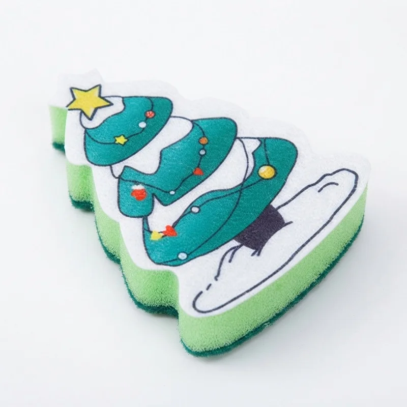Cute Christmas Tree Wood Pulp Dish Sponge Cellulose Kitchen Pot Bowl Scrubber Xmas Holiday Gift Home Cleaning Tool for Tableware