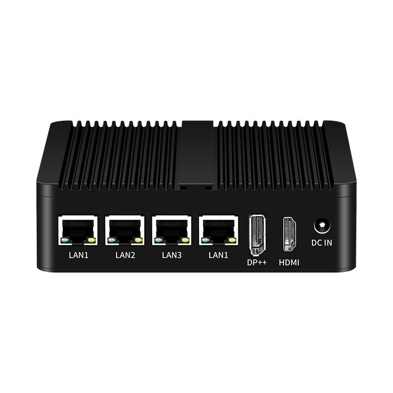 Mini PC senza ventola Computer industriale Firewall Processore Intel N100 RS485 RS232 DB9 6xUSB 4x Ethernet HDMI DP Windows Linux