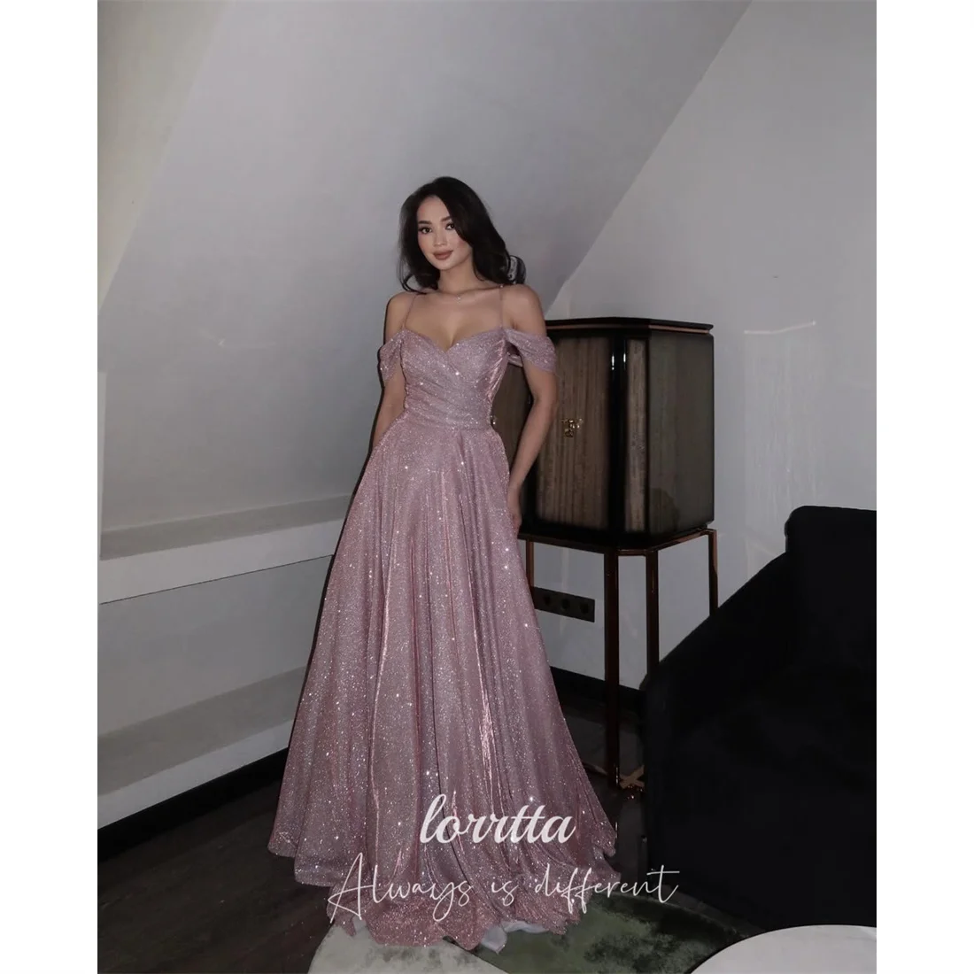 

Lorrtta Sequin Off The Shoulder Pink A-Line Evening Dress 2026 Prom Dress Sequined Elegant Women Ladies Gowns Customized