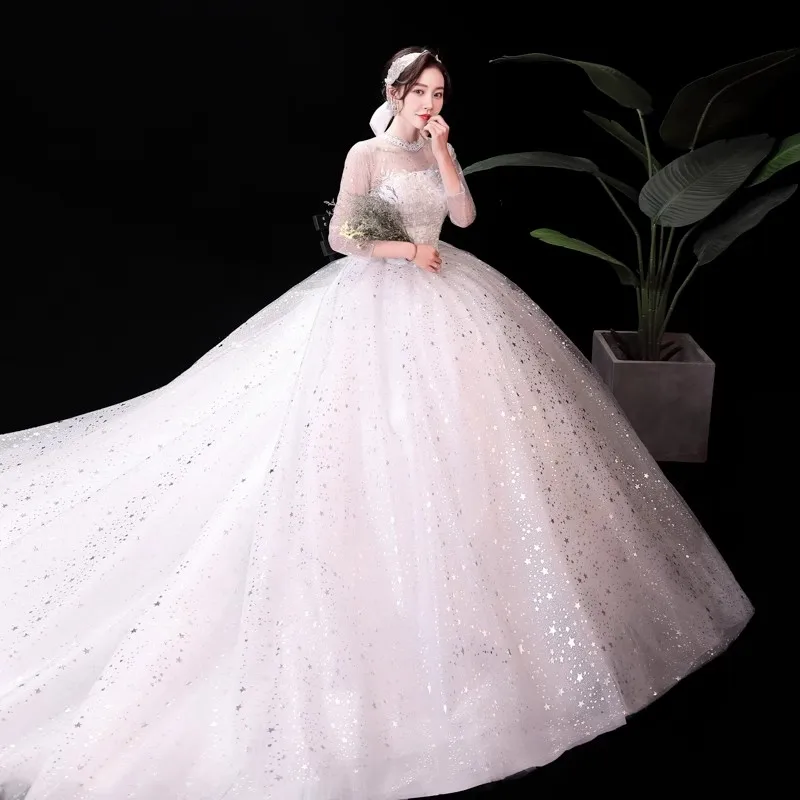 It's Yiiya Wedding Dresses Bling White O-neck Transparent 3/4 Sleeves Princess Floor length Plus size Trailing Bride Gowns XN145