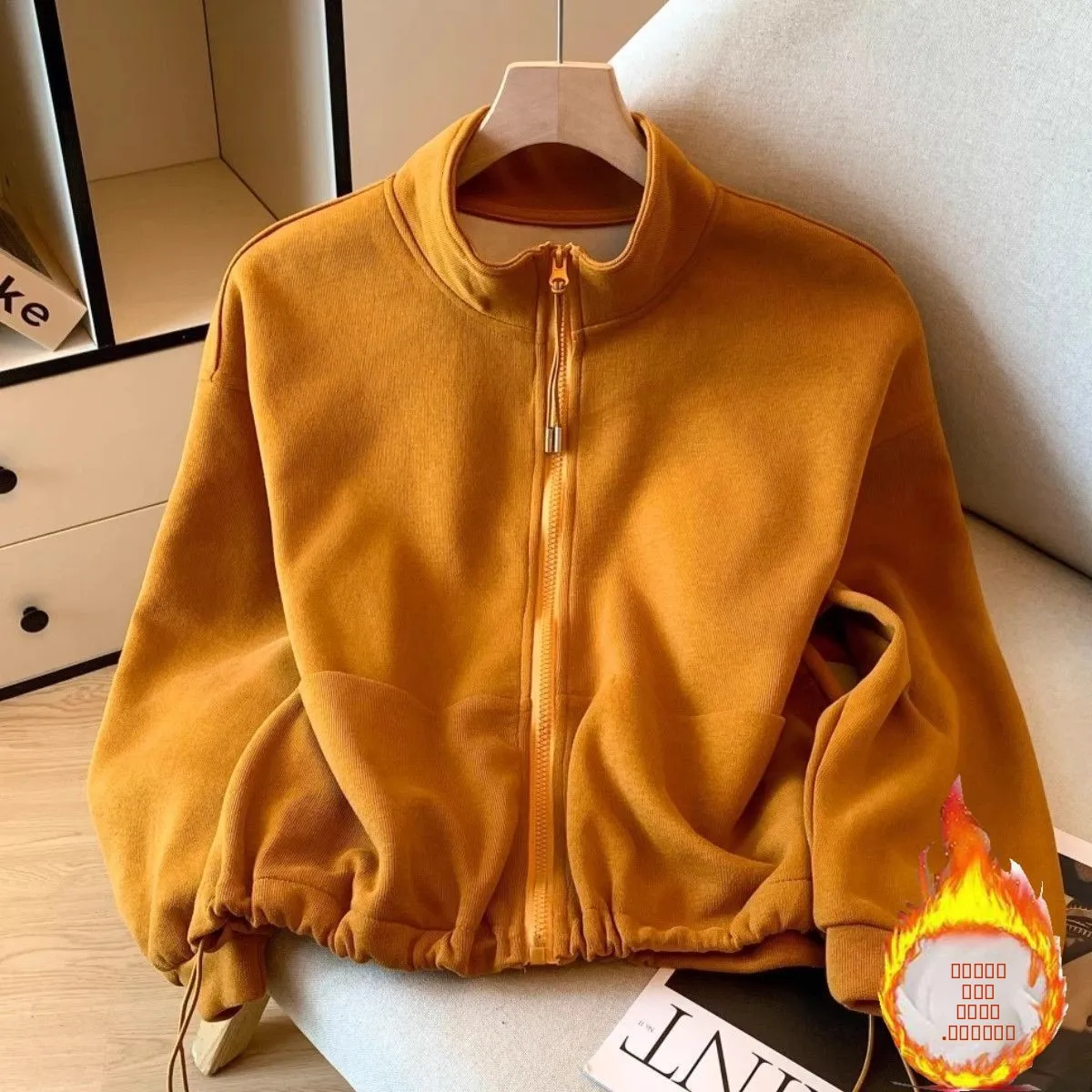 

Серия Salt: Новая женская зимняя свободная толстовка-кардиган на молнии с воротником-стойкой, на флисовой подкладке, оранжевая, теплая