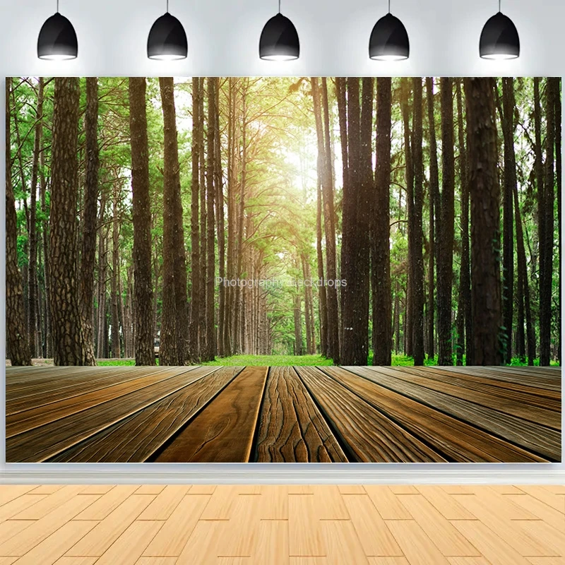 Empty Wooden Flooring On Green Forest Photography Backdrops Props Morning Sunshine Nature Landscape Summer Background ZL-04