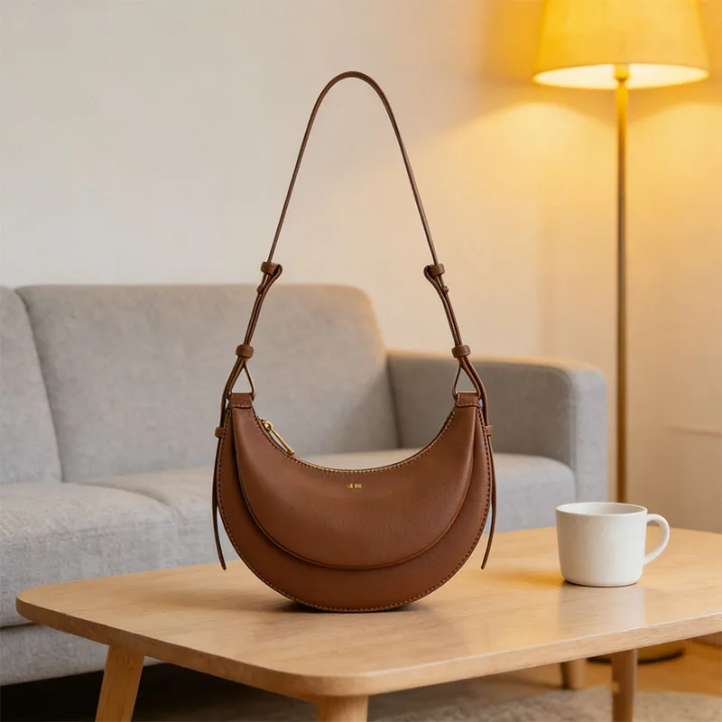 

2026 Leather New Moon Bag - Vintage Shoulder Bag - Soft Leather Crossbody Bag - Simple and Versatile Commuting Bag