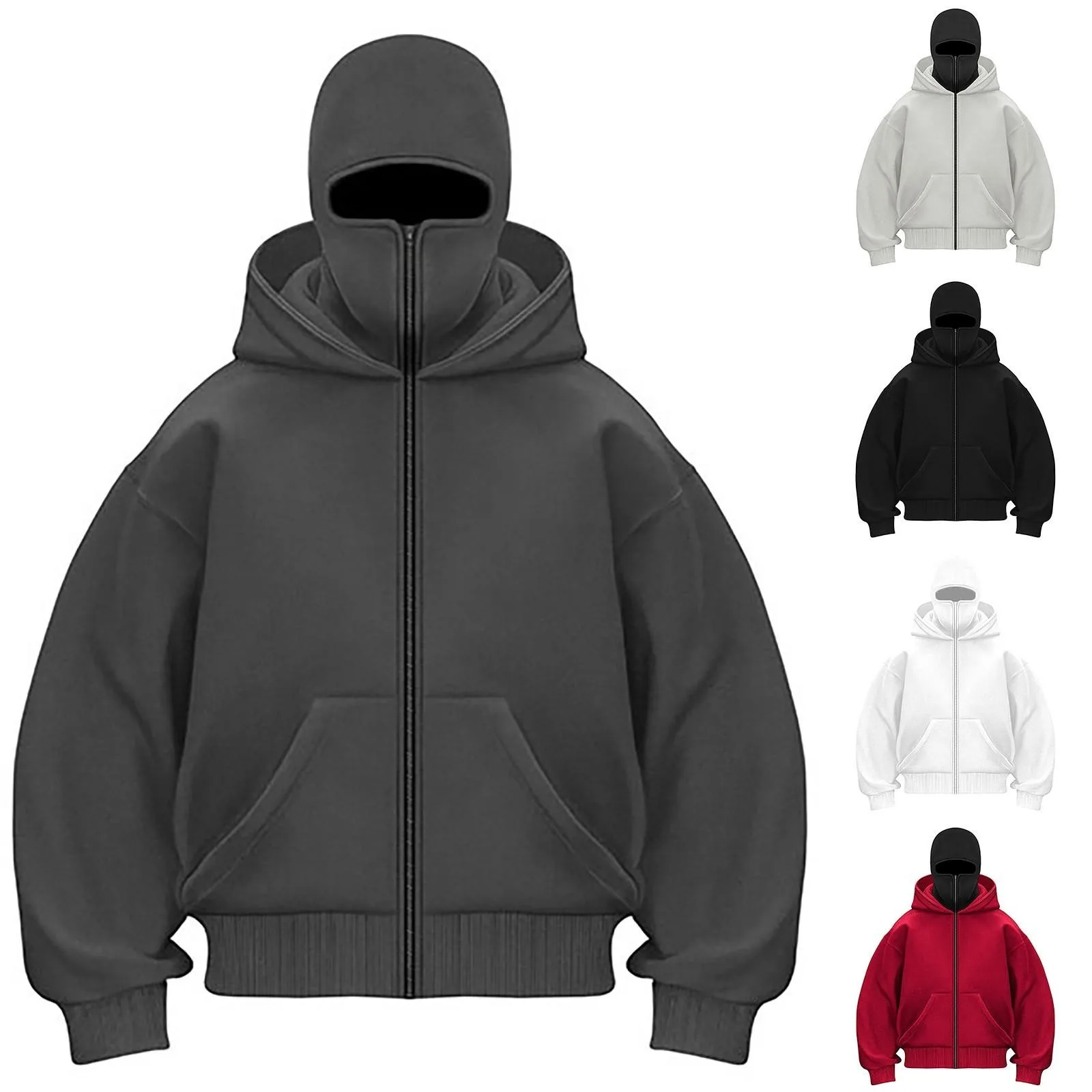 Balaclava Hoodies Fashion Integrated Double Layer Warm Windbreak Zip Up Hoodie Y2k Vintage Hip Hop Ninja Sweatshirt Streetwear