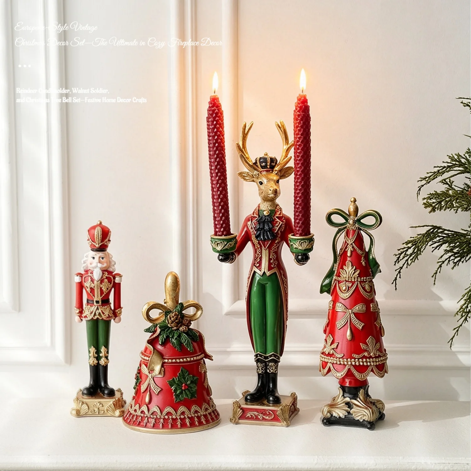 Heavy Duty Resin Christmas Elk Candle Holder 15.5'' Red Reindeer,Bell,Nutcracker and Christmas Tree Table Centerpieces Figurines