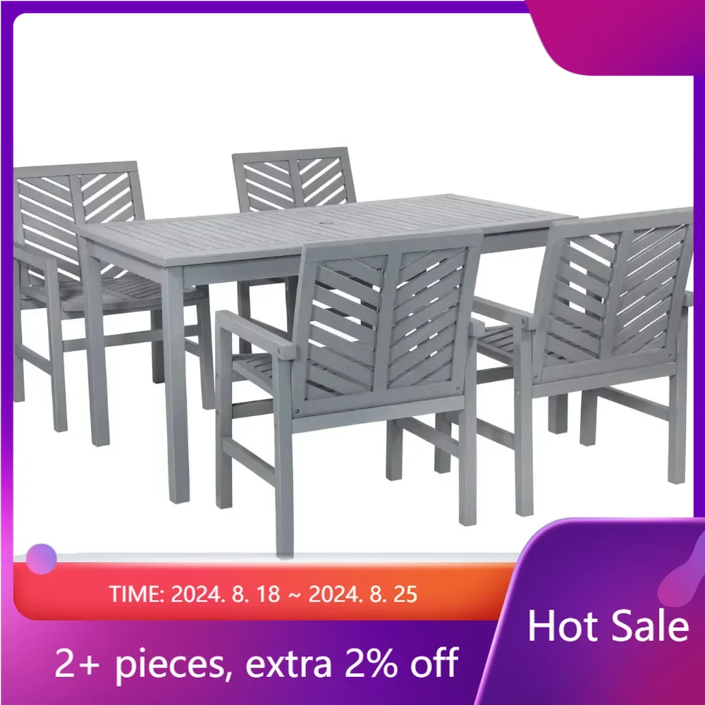 

4 Person Outdoor Wood Chevron Patio Furniture Dining Set Table Chairs All Weather Backyard Conversation Garden Poolside Balcony