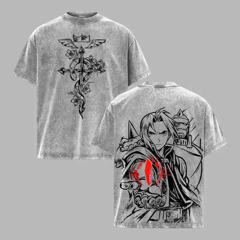 Vintage Washed Fullmetal Alchemi Anime T-shirt For Men's Clothing Edward Elric Loose T Shirt Short Sleeve Cotton Casual Tops