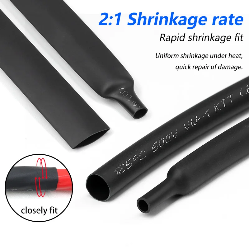 5M Black 2:1 Heat Shrink Tube Diameter 0.6mm~120mm Wire Repair Protector Polyolefin Insulated Shrinkable Cable SleeveTubing
