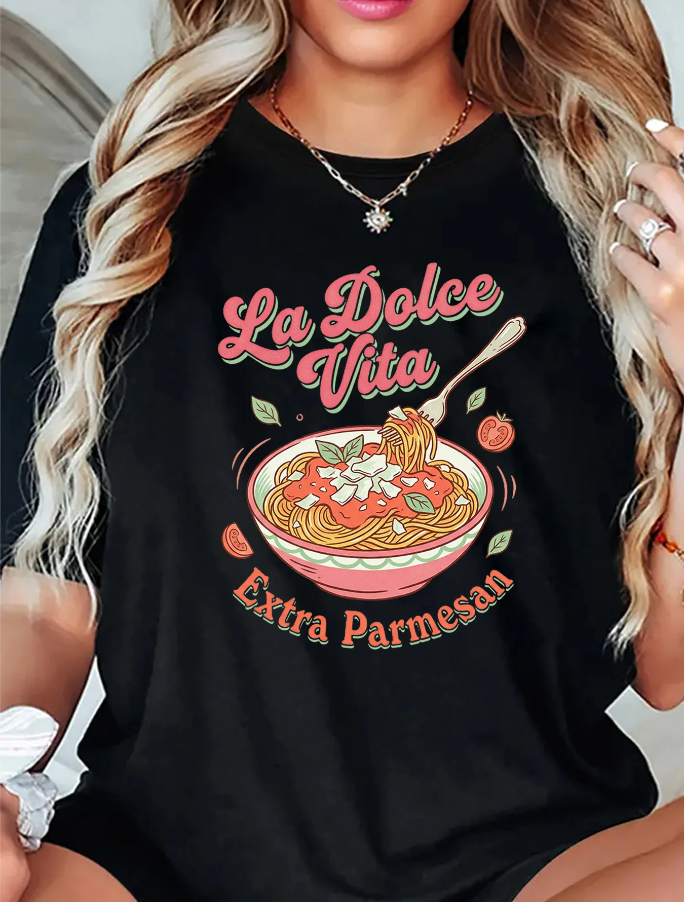 La Dolce Vita Extra Parmesan Italian Pasta Graphic Womens T Shirt Short Sleeve Crew Neck Retro Food Casual Daily Ladies Tee Tops