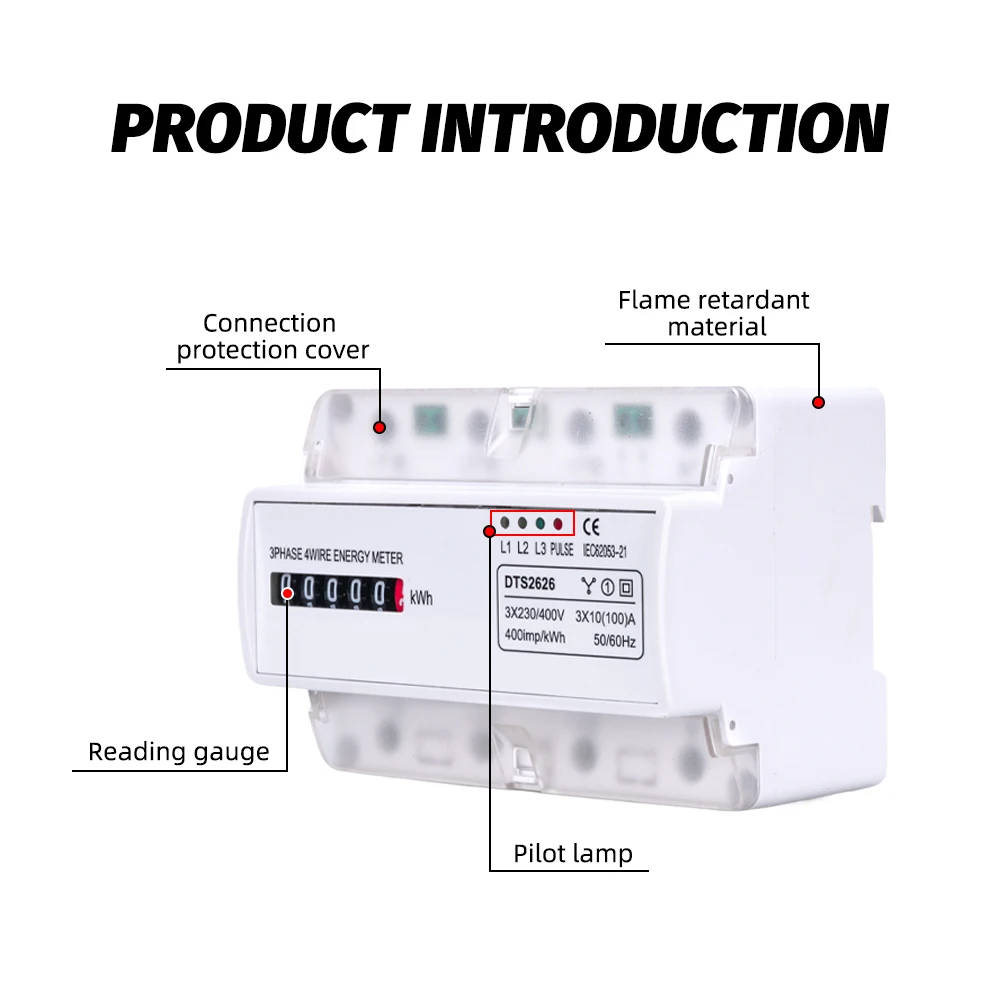 3x230/400V AC 50Hz Din Rail Three Phase Four Wires Power Consumption Watt Energy Meter kWh Wattmeter Household Electric Counter