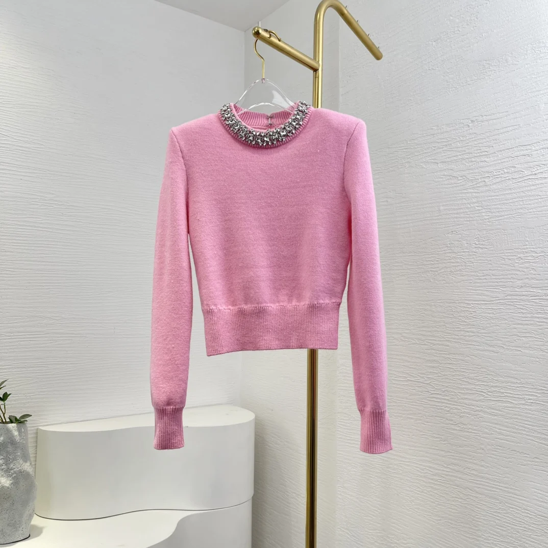 2024 Winter New Sweet Pink Long Sleeve Beading Sweater Pullover Tops for Women