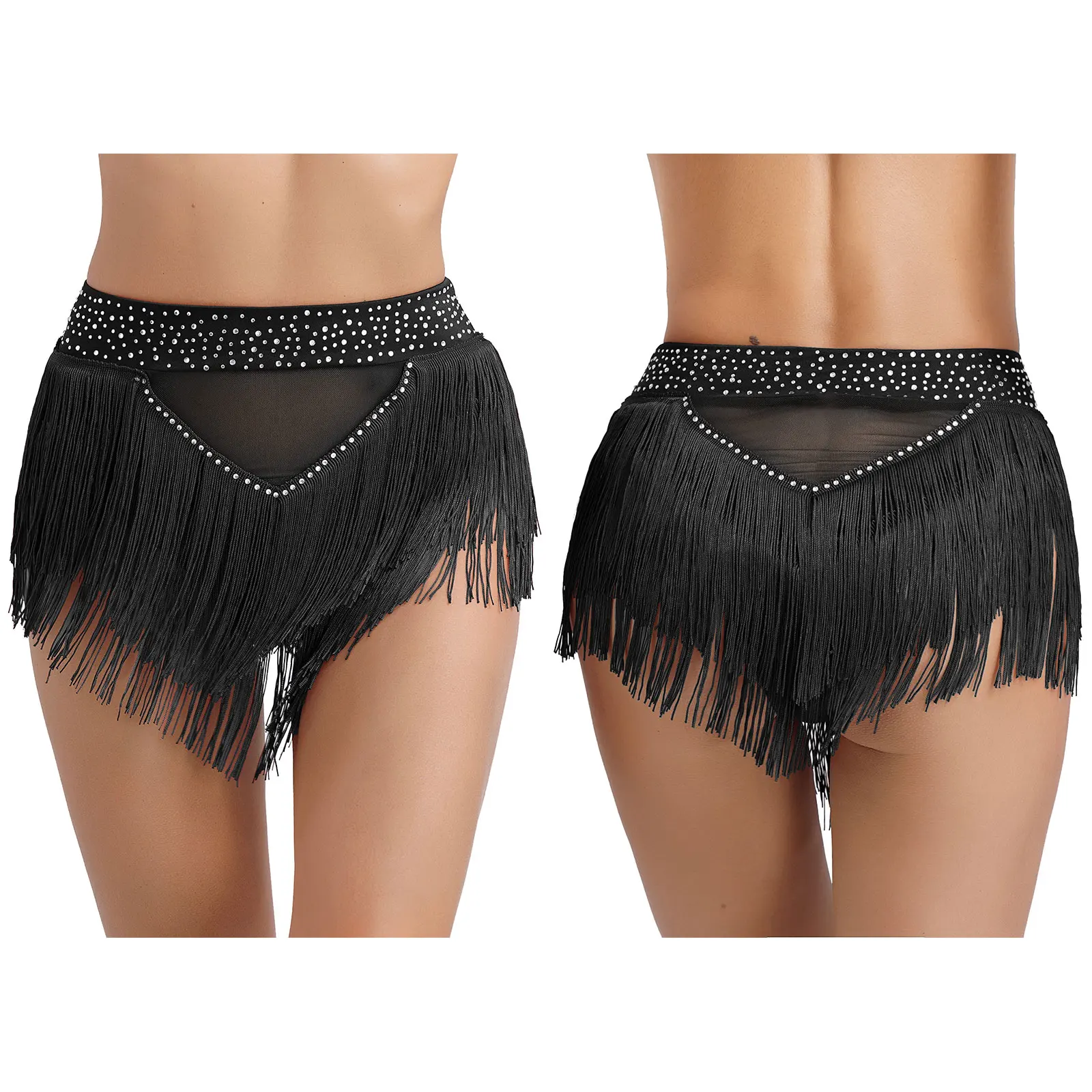 Borla dança latina shorts saias das mulheres trajes de desempenho de samba do ventre ver através de malha retalhos briefs para saias de dança
