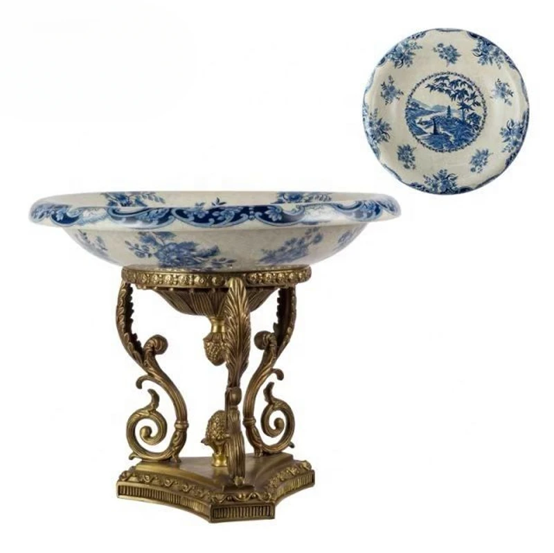 European luxury handmade blue and white porcelain with brass home decoration accessories square base bird fruit basin