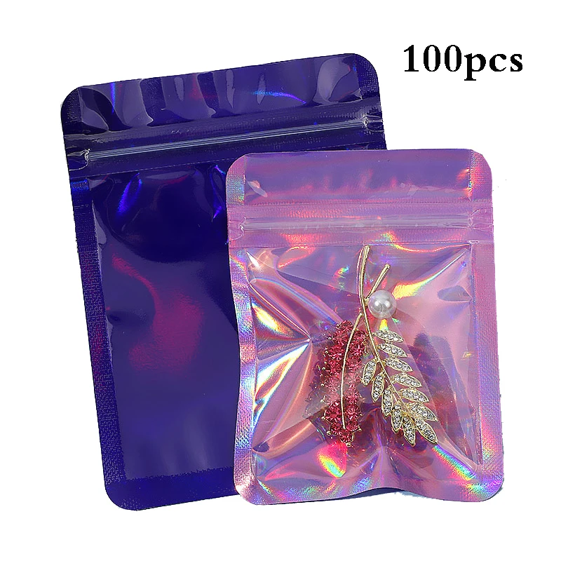 

100pcs Laser Zip Lock Bags Hologram Iridescent Pouches Resealable Plastic Packaging Bag Cosmetic Trinkets Jewelry Storage Bag