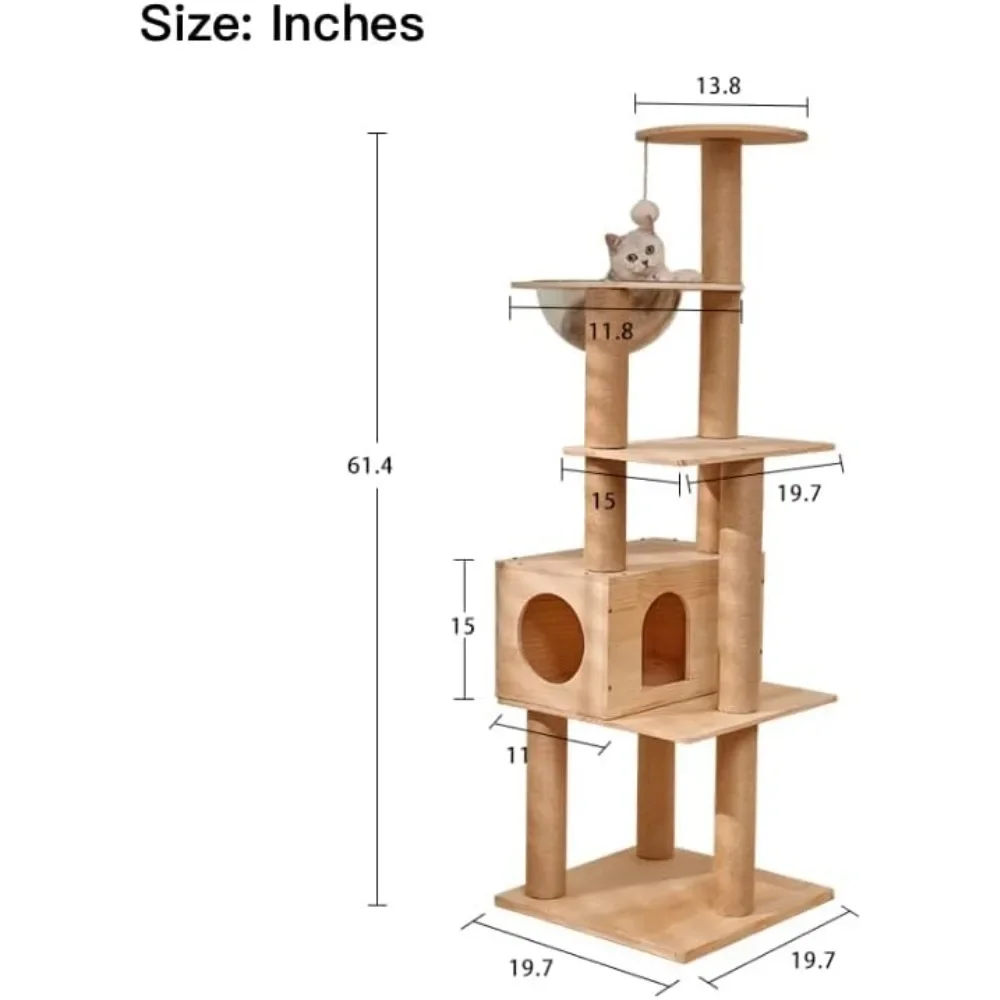 شجرة قطط خشبية صلبة حقيقية كبيرة متعددة المستويات، شقة قطط خشبية فاخرة مع منصة متعددة الطبقات للقطط الداخلية | |